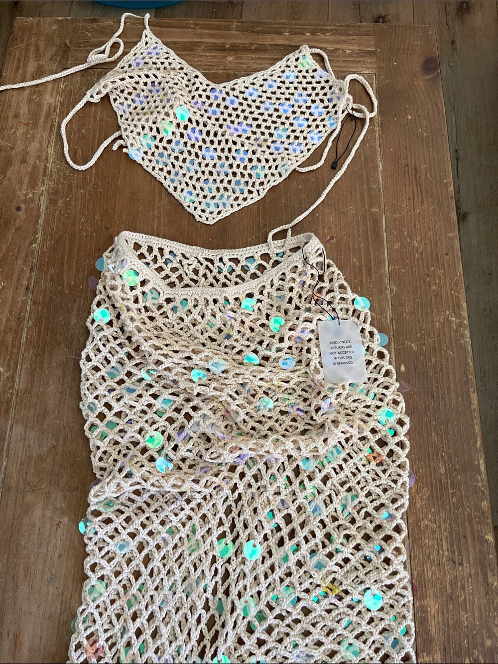 superdown Beige Crochet Skirt with Multicolor Sequins and matching top